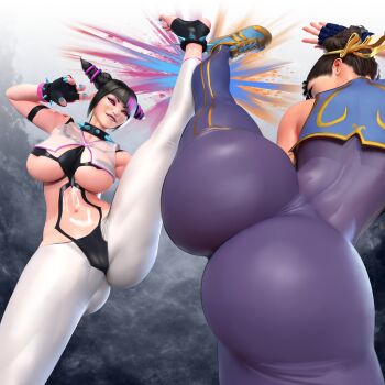 2girls 3d absurdres ass breasts capcom chun-li fighting han_juri highres kicking multiple_girls smile street_fighter yuri