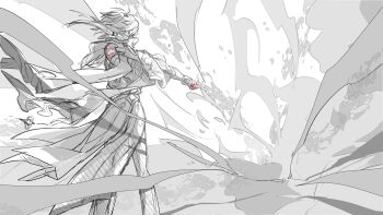 Rule 34 | 1boy, anaxa (honkai: star rail), cape, casting spell, commentary, explosion, facing away, feet out of frame, hand tattoo, highres, honkai: star rail, honkai (series), long hair, long sleeves, lv minus999, male focus, pointing, ponytail, red tattoo, shoulder tattoo, solo, tattoo