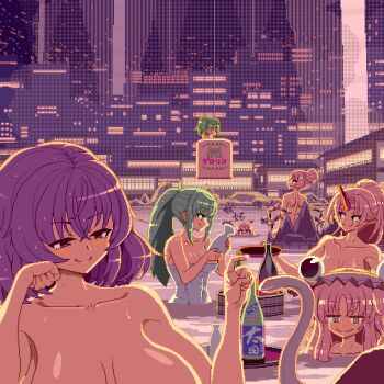 6+girls @_@ alternate_hairstyle animated animated_gif arthropod_limbs bathing black_eyes blonde_hair bottle breasts brown_headwear bubble bucket city cityscape closed_mouth cola commentary_request convenient_censoring cup drinking drunk green_hair hair_bun holding holding_cup holding_towel horns hoshiguma_yuugi in_container kisume kochiya_sanae kurodani_yamame large_breasts laughing long_hair looking_at_another looking_at_viewer migel_futoshi mizuhashi_parsee moriya_suwako multiple_girls oni_horns onsen outdoors partially_submerged petting pixel_art pointy_ears ponytail pouring purple_eyes purple_hair red_horns sakazuki short_hair smile smoke snake steam stone sweat touhou towel twintails wooden_bucket yasaka_kanako