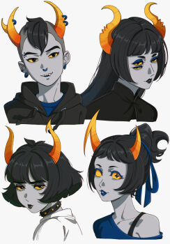 Rule 34 | 1boy, 3girls, ahoge, ardata carmia, asymmetrical horns, bags under eyes, bare shoulders, black capelet, black choker, black eyes, black hair, black hoodie, black lips, blank eyes, blue eyeshadow, blue lips, blue ribbon, blue shirt, blunt bangs, bob cut, capelet, choker, closed mouth, collarbone, colored eyelashes, colored sclera, colored skin, cross-shaped pupils, daraya jonjet, enelous, extra eyes, eyebrow piercing, eyeshadow, face piercing, fang, grey skin, hair bun, hair ribbon, highres, hime cut, hiveswap, homestuck, hood, hoodie, horn piercing, horns, long hair, looking at viewer, makeup, mallek adalov, mohawk, multiple girls, multiple piercings, nose piercing, nose ring, off-shoulder shirt, off shoulder, open mouth, orange horns, piercing, portrait, pursed lips, remele naraaq, ribbon, shirt, short bangs, short eyebrows, short hair, sidelocks, simple background, single hair bun, smile, spaghetti strap, spiked choker, spikes, symbol-shaped pupils, thick eyebrows, troll (homestuck), very short hair, white background, white shirt, yellow sclera