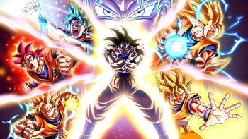 1boy alternate_form artist_request aura black_eyes black_hair blonde_hair blue_eyes blue_hair clenched_hands crackling_energy crossed_arms dougi dragon_ball dragon_ball_super dragon_ball_xenoverse dragonball_z energy_ball floating_hair green_eyes grey_eyes highres kamehameha_(dragon_ball) loading_screen long_hair looking_at_viewer looking_to_the_side male_focus multiple_persona muscular muscular_male official_art official_wallpaper open_mouth orange_dougi profile red_eyes red_hair short_hair single_bang son_goku spiked_hair super_saiyan super_saiyan_1 super_saiyan_2 super_saiyan_3 super_saiyan_blue super_saiyan_god third-party_source transformation ultra_instinct
