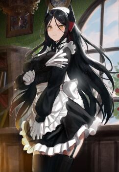 1girl absurdres alternate_costume apron arknights black_dress black_hair black_thighhighs bookshelf chandelier clothes_pull dress dress_pull duster feather_duster frilled_dress frills garter_straps gloves highres hirosenpai horns ines_(arknights) lips long_hair maid maid_apron portrait_(object) solo sweat thighhighs white_gloves yellow_eyes