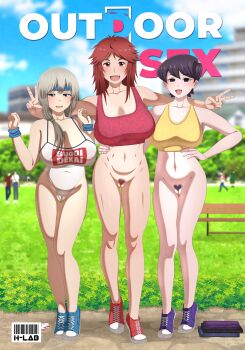 3girls absurdres aizawa_akemi black_eyes black_hair blue_eyes blush bottomless breasts cover exhibitionism fang h-lab highres komi-san_wa_komyushou_desu komi_shuuko large_breasts magazine_cover mature_female multiple_girls open_mouth outdoors peace_symbol pubic_hair public_indecency public_nudity pussy red_eyes red_hair short_hair side_ponytail sportswear tan tanline tomo-chan_wa_onna_no_ko uzaki-chan_wa_asobitai! uzaki_tsuki v white_hair