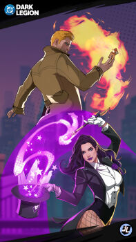 1boy 1girl black_hair black_jacket black_leotard blonde_hair blue_eyes breasts collared_shirt constantine_(series) dc:_dark_legion dc_comics facial_hair fishnet_pantyhose fishnets gloves hat highres jacket john_constantine large_breasts leotard long_hair looking_at_viewer magic magician magician&#039;s_wand official_art pantyhose shirt short_hair smile top_hat white_gloves white_shirt zatanna_zatara