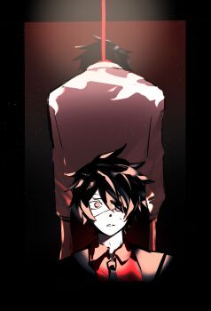 Rule 34 | 2boys, black hair, black jacket, black necktie, collared shirt, creeze, eyepatch, hanged, highres, jacket, looking at viewer, male focus, multiple boys, necktie, ooe (game), red eyes, red shirt, shinbashi (ooe), shirt, short hair, suicide