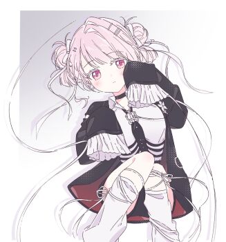 1girl black_choker black_jacket black_necktie black_shorts blunt_bangs blush boutonniere breasts chest_harness choker closed_mouth colored_eyelashes double_bun dress_shirt earrings expressionless feet_out_of_frame flower frilled_sleeves frills ghost_pose hair_bun hair_ornament hair_ribbon hairclip halftone harness hashtag-only_commentary head_tilt highres hoop_earrings invisible_chair jacket jewelry leg_ribbon light_frown looking_at_viewer loose_socks medium_breasts necktie nijisanji official_alternate_costume open_clothes open_collar open_jacket p_4x pink_eyes pink_hair ribbon screentones shiina_yuika shiina_yuika_(14th_costume) shirt shorts sidelocks single_hair_intake sitting sleeves_past_fingers sleeves_past_wrists socks solo virtual_youtuber white_flower white_ribbon white_shirt white_socks