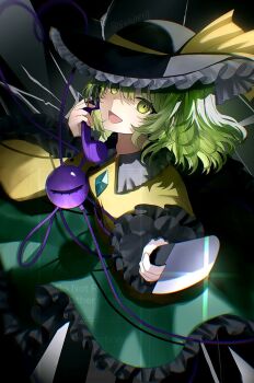 Rule 34 | 1girl, black hat, bow, buttons, diamond button, eyeball, frilled hat, frilled shirt collar, frilled skirt, frilled sleeves, frills, green eyes, green hair, green skirt, hat, hat bow, hat ribbon, highres, holding, holding knife, holding phone, knife, komeiji koishi, phone, ribbon, sakizaki saki-p, shirt, skirt, smile, third eye, touhou, wide sleeves, yellow bow, yellow ribbon, yellow shirt