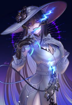 1girl asymmetrical_gloves black_claws black_hair black_horns black_lips breasts cleavage colored_inner_hair constance_(honkai:_star_rail) dress gloves hashtag-only_commentary hat highres honkai:_star_rail honkai_(series) horns l!i_(solu) large_breasts long_hair mismatched_gloves mole mole_under_eye multicolored_hair purple_eyes purple_hair solo two-tone_hair very_long_hair white_dress white_gloves white_hat