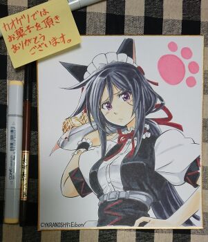 1girl animal_ears apron blush breasts cat_ears chaos;child collar commentary_request eibon embarrassed frilled_collar frilled_wrist_cuffs frills hair_between_eyes hair_ribbon hand_on_own_hip highres holding holding_tray kunosato_mio long_hair looking_at_viewer maid maid_headdress mayqueen_maid_uniform medium_breasts photoshop_(medium) purple_eyes purple_hair ribbon science_adventure solo steins;gate translation_request tray upper_body wrist_cuffs