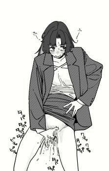 1girl blazer blush clothes_lift commentary_request female_masturbation fingering hand_on_own_hip highres jacket long_hair masturbation mattsuu original pencil_skirt pubic_stubble pussy_juice simple_background skirt skirt_lift solo sweat white_background