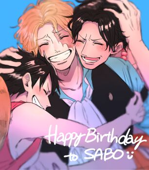 Rule 34 | 3boys, ascot, bare shoulders, black hair, blonde hair, blue background, blush, character name, closed eyes, commentary request, freckles, grin, hand on another's head, happy birthday, highres, hug, male focus, mike (tomatomato244), monkey d. luffy, multiple boys, one piece, portgas d. ace, sabo (one piece), scar, scar across eye, scar on face, short hair, smile, white ascot
