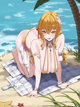 1girl absurdres beach bikini blush breasts collarbone commentary_request feet fenny_golden full_body highres kneeling large_breasts legs long_hair looking_at_viewer mu_laoyang ocean open_mouth smile snowbreak:_containment_zone swimsuit thighhighs thighs toes
