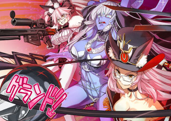3girls animal_ear_fluff animal_ears armor arms_up bare_shoulders belly_chain bikini_armor black_bow black_gloves black_hat blue_eyes blue_skin bow bracelet breasts choker cleavage cloak coat collared_shirt colored_skin commentary_request corset dress_shirt earrings epaulettes extra_arms fate/grand_order fate_(series) fox_ears fox_girl fur-trimmed_cloak fur_trim glasses gloves grin gun hair_between_eyes hair_bow hair_ribbon hat highres jewelry kali_(fate) koyanskaya_(assassin)_(second_ascension)_(fate) koyanskaya_(fate) koyanskaya_(foreigner)_(second_ascension)_(fate) large_breasts licking_lips long_hair long_sleeves multiple_girls navel neck_ring necklace off_shoulder official_artist_extra pantyhose pink_hair polearm rabbit_ears red_coat ribbon rifle sash shirt sidelocks smile sniper_rifle sword takenoko_seijin thighs third_eye thumb_ring tongue tongue_out top_hat twintails underbust very_long_hair weapon whip white_cloak white_hair white_pantyhose white_shirt wide_sleeves yellow_eyes