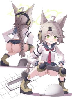 1girl absurdres ahoge animal_ears anus ass blue_archive blush boots braid braided_ponytail censored cleft_of_venus female_focus fox_ears green_eyes halo headphones headset highres knee_pads loli long_hair otogi_(blue_archive) panties panty_pull pussy school_uniform serafuku skirt solo squat_toilet squatting toilet toilet_use udonko_(tinanago7715) underwear