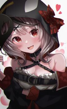 1girl animal_hood arm_under_breasts black_collar black_gloves black_jacket black_streaks breasts camisole chameleon_(chameleon0613) cleavage collar commentary_request gloves grey_hair hair_ornament hololive hood jacket looking_at_viewer medium_breasts medium_hair multicolored_hair orca_hood red_eyes sakamata_chloe sakamata_chloe_(1st_costume) smile solo streaked_hair virtual_youtuber white_camisole x_hair_ornament