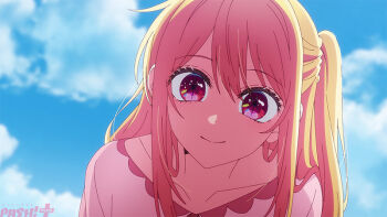 1girl blonde_hair closed_mouth cloud collarbone dot_nose english_text female_focus highres hoshino_ruby long_hair looking_at_viewer oshi_no_ko outdoors pink_shirt red_eyes shirt side_ponytail smile solo solo_focus star-shaped_pupils star_(symbol) star_in_eye symbol-shaped_pupils symbol_in_eye