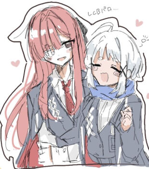 2girls aya_(project_moon) black_coat black_vest coat coat_on_shoulders grey_eyes kigurui_kkr lcb_uniform_(project_moon) limbus_company long_hair multiple_girls necktie open_mouth pink_hair project_moon red_necktie shirt sidelocks smile sweater very_long_hair vest white_background white_hair white_shirt white_sweater yuri_(project_moon)