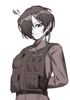 1girl arms_behind_back belt bulletproof_vest caiman_(project_moon) closed_mouth collared_shirt cowboy_shot earpiece greyscale hair_over_one_eye highres limbus_company long_sleeves looking_at_viewer monochrome pants project_moon shirt short_hair solo suillus
