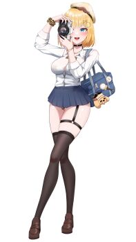 1girl alternate_costume bag beret black_choker blonde_hair blue_eyes blue_nails bubba_(watson_amelia) camera choker dadangge gyaru hair_ornament hat highres holding holding_camera hololive hololive_english leopard_print leopard_print_panties magnifying_glass miniskirt open_mouth panties pantyhose pantyshot pleated_skirt print_panties school_uniform scrunchie shirt short_hair shoulder_bag simple_background skindentation skirt smile solo taking_picture thighhighs underwear virtual_youtuber watson_amelia white_background white_shirt wrist_scrunchie