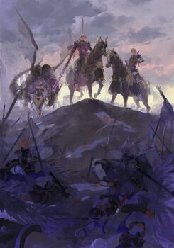 1girl 6+others absurdres ai-wa armor battlefield black_armor black_panties blonde_hair breasts brother_and_sister brothers camilla_(fire_emblem) cleavage dragon fire_emblem fire_emblem_fates highres japanese_armor large_breasts leo_(fire_emblem_fates) multiple_others nintendo outdoors panties purple_hair siblings thighs underwear wyvern xander_(fire_emblem)