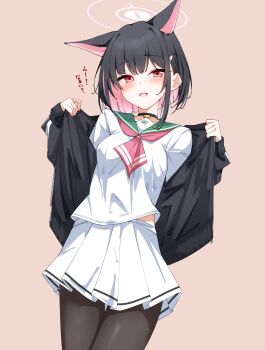 1girl absurdres animal_ears black_choker black_hair black_hoodie black_pantyhose blue_archive blunt_bangs blush bob_cut cat_ears cat_girl choker clothes_pull colored_inner_animal_ears colored_inner_hair commentary_request extra_ears hair_ornament hairclip halo highres hood hoodie kabocya_na kazusa_(blue_archive) long_sleeves looking_at_viewer miniskirt multicolored_hair neckerchief open_mouth pantyhose pink_hair pink_halo pink_neckerchief pleated_skirt pulling_own_clothes red_eyes school_uniform short_hair simple_background skirt solo white_skirt