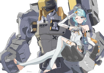 1girl absurdres ammunition_pouch bare_shoulders blue_eyes blue_hair clenched_hand closed_eyes clothing_cutout commentary detached_sleeves english_commentary feet flower_hairpin formal_clothes full_body gloves hair_ornament hairpin highres humanoid_robot latex_pants looking_at_viewer mecha mole mole_on_shoulder morishi_m one_eye_closed pouch robot salute see-through_dress_layer seed_(zenless_zone_zero) seed_sr. side_cutout simple_background sitting smile stirrup_legwear suit thigh_cutout toeless_legwear toes white_background white_gloves white_suit zenless_zone_zero