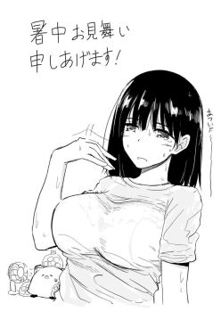 1girl blunt_bangs blush breasts electric_fan greyscale hako_roku half-closed_eyes hand_fan hand_up ice_pack kanami_kanna kunoichi_hajimemashita! large_breasts monochrome open_mouth shirt short_hair short_sleeves simple_background sketch solo sweat t-shirt tanuki tented_shirt upper_body very_sweaty wavy_mouth