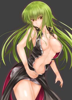 &gt;:) 1girl absurdres areola_slip bare_shoulders black_background black_jacket breasts breasts_apart c.c. closed_mouth code_geass collarbone collared_jacket commentary covered_erect_nipples cowboy_shot eyelashes eyes_visible_through_hair floating_hair green_hair hair_between_eyes highres jacket large_breasts light_blush long_hair looking_at_viewer navel no_bra open_clothes open_jacket red_jacket shishin_(shishintei) shorts sidelocks simple_background sleeveless sleeveless_jacket smile smug solo stomach thighs two-sided_fabric two-sided_jacket undressing v-shaped_eyebrows very_long_hair white_shorts yellow_eyes