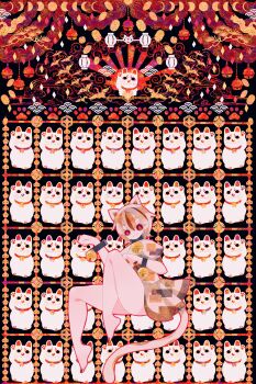 1girl absurdres animal_ears bell bird boku_(isizakitakasi) bright_pupils brown_hair cat_ears cat_girl cat_tail cloud crane_(animal) goutokuji_mike grey_hair hexagon highres jingle_bell knees_up looking_at_viewer maneki-neko moon_phases multicolored_hair multicolored_skirt neck_bell outline patchwork_clothes paw_pose paw_print plant red_eyes red_nails red_outline seigaiha skirt spotted_tail streaked_hair tail touhou white_pupils wrist_bell