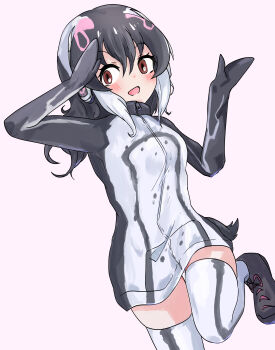 1girl absurdres african_penguin_(kemono_friends) black_boots black_hair black_sweater black_thighhighs blush boots brown_eyes cowboy_shot dress headphones highres kemono_friends long_hair long_sleeves mittens multicolored_hair open_mouth penguin_girl penguin_tail pink_hair salute smile solo standing standing_on_one_leg sweater sweater_dress tail thighhighs toro_orororo turtleneck turtleneck_sweater two-tone_sweater two-tone_thighhighs white_hair white_sweater white_thighhighs zettai_ryouiki