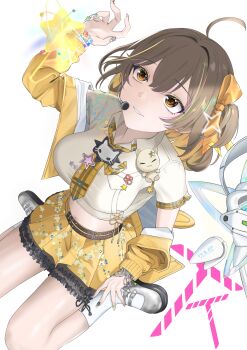 1girl absurdres ahoge anis_(nikke) anis_(star)_(t.t._star)_(nikke) arm_up bead_bracelet beads bow bracelet breasts brown_eyes brown_hair commentary_request eomung from_above goddess_of_victory:_nikke hair_between_eyes hair_bow headset highres jacket jewelry korean_commentary large_breasts looking_up medium_hair midriff miniskirt multiple_bracelets nail_art necktie off_shoulder official_alternate_costume one_side_up open_clothes open_jacket parted_lips plaid_clothes plaid_necktie shoes short_sleeves silver_shoes simple_background sitting skirt socks solo star-shaped_pupils star_(symbol) star_print symbol-shaped_pupils wariza white_background white_socks yellow_jacket yellow_necktie yellow_skirt
