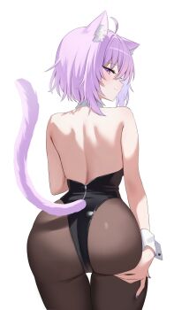 1girl ahoge animal_ear_fluff animal_ears ass bare_back black_leotard brown_pantyhose cat_ears cat_girl cat_tail cowboy_shot from_behind highres hololive leotard looking_at_viewer looking_back nannung nekomata_okayu pantyhose purple_eyes purple_hair short_hair simple_background solo tail thigh_gap virtual_youtuber white_background