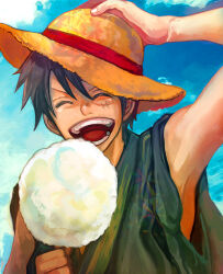 Rule 34 | 1boy, black hair, closed eyes, cloud, cloudy sky, commentary request, food, hand on headwear, hat, holding, holding food, jippei, male focus, monkey d. luffy, one piece, open mouth, outdoors, scar, scar on chest, scar on face, short hair, sky, sleeveless, smile, solo, straw hat, teeth