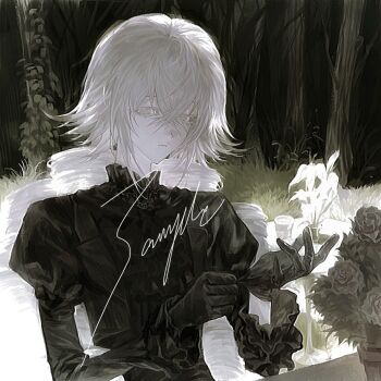 1other adjusting_clothes adjusting_gloves androgynous black_flower black_gloves black_rose capekachuu closed_mouth crossed_bangs expressionless flipped_hair flower frilled_sleeves frills gloves grass hair_between_eyes highres juliet_sleeves long_sleeves looking_at_viewer original pale_skin plant puffy_sleeves rose sample_watermark short_hair sitting solo tree upper_body vase watermark white_eyes white_hair