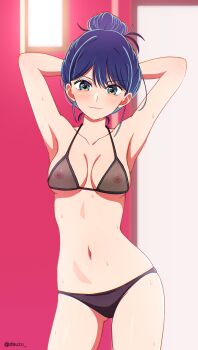 1girl absurdres alternate_costume armpits arms_up bikini black_bikini blue_eyes blue_hair breasts collarbone covered_erect_nipples cowboy_shot dsuzu hair_bun highres kurokawa_akane looking_at_viewer navel oshi_no_ko short_hair single_hair_bun smile solo stomach swimsuit