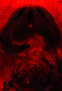 Rule 34 | 1boy, air bubble, bifurcated jaw, black hair, bubble, commentary, creature, eldritch abomination, empty eyes, english commentary, from side, highres, horror (theme), iron lung (movie), medium hair, monster, northbliight, open mouth, parted lips, portrait, procreate (medium), red theme, simon (iron lung), sparkling eyes, too many teeth, wavy hair