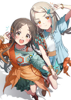 Rule 34 | >:), 2girls, :d, blonde hair, blue streaks, blush, bracelet, brown eyes, brown hair, closed mouth, commentary request, gakuen idolmaster, hair ornament, hairclip, highres, holding hands, idolmaster, jewelry, kuramoto china, leaf hair ornament, long hair, looking at viewer, michinaru hirogaru (idolmaster), multicolored hair, multiple girls, open mouth, orange eyes, orange streaks, parallel hairclips, parted bangs, shadow, shinosawa hiro, smile, sonsoso, split mouth, streaked hair, teeth, upper teeth only, v-shaped eyebrows, white background