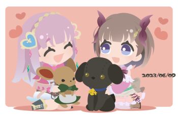 Rule 34 | 01 (zeroichi srl), 2girls, :d, ^ ^, atelier (series), atelier lulua, blue eyes, blunt bangs, border, brown hair, chibi, closed eyes, dated, elmerulia frixell, eva armster, full body, hair ornament, heart, heart hair ornament, holding, holding stuffed toy, long hair, long sleeves, looking at another, multiple girls, open mouth, pink background, purple hair, short hair, sitting, smile, stuffed animal, stuffed dog, stuffed toy, white border