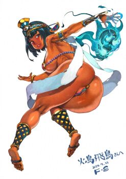 1girl adversarial_noise ancient_egyptian armpits artist_name ass blue_eyes blue_fire blue_hair bob_cut bracelet breasts commission dated eye_of_horus f.s. fire from_behind full_body highres jewelry large_breasts looking_at_viewer looking_back muscular muscular_female original parted_lips simple_background skima_commission skull solo toned toned_female white_background