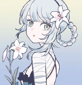 1girl bandaged_arm bandaged_neck bandages braid braided_hair_rings breasts flower from_side gradient_background grey_eyes grey_hair hair_rings highres holding holding_flower kaine_(nier) lily_(flower) looking_at_viewer medium_breasts nier nier_(series) nmiznm parted_lips portrait short_hair solo turning_head white_flower