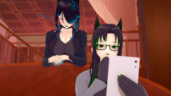 animal_ears blue_nails breasts cat_ears crimson_lullaby eleanor(milena) glasses green_nails highres large_breasts milena_(milena) phone tagme