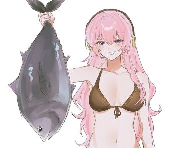 Rule 34 | 1girl, animal, arm at side, bikini, blush, breasts, brown bikini, collarbone, commentary request, fish, front-tie bikini top, front-tie top, hair between eyes, hand up, headset, highres, holding, holding animal, holding fish, komeng 64, korean commentary, long hair, looking at viewer, medium breasts, megurine luka, microphone, navel, pink hair, purple eyes, sidelocks, simple background, smile, solo, stomach, straight-on, swimsuit, tuna, upper body, vocaloid, white background