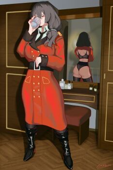 absurdres boots bra coat cup girls&#039;_frontline grey_hair griffin_&amp;_kryuger_military_uniform helianthus_(girls&#039;_frontline) highres holding holding_cup leather leather_boots mirror monocle nail_polish necktie nishibuya panties red_coat scrunchie thighhighs twitter_username underwear