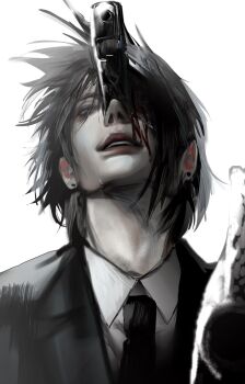 1boy black_necktie black_suit chainsaw_man denpyu_shi formal_clothes gun_devil_(chainsaw_man) hayakawa_aki highres jacket male_focus monster necktie solo suit suit_jacket