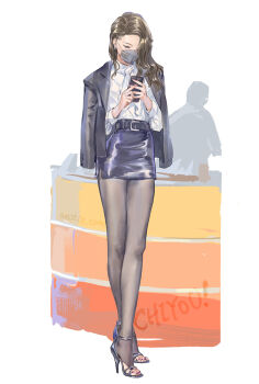 1girl amatiz belt black_hair black_jacket black_pantyhose black_sandals black_skirt blazer blue_eyes cellphone earrings grey_mask high_heel_sandals high_heels highres holding holding_phone jacket jewelry legs long_hair long_sleeves mask mouth_mask office_lady open_clothes open_jacket original pantyhose parted_hair pencil_skirt phone sandals shirt simple_background skirt smartphone solo white_background white_shirt