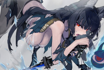 1girl animal_ear_fluff animal_ears bandaged_chest black_hair blue_fire blunt_bangs breasts cowboy_shot fire fox_ears fox_girl grey_background holding holding_sword holding_weapon hoshimi_miyabi jacket large_breasts long_hair looking_at_viewer open_mouth red_eyes sidelocks simple_background solo sword tailless_(zenless_zone_zero) teeth textless_version torn_clothes torn_jacket towatowa114 weapon zenless_zone_zero