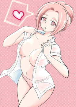 1girl absurdres anna_(watamote) areola_slip breasts commentary_request covered_erect_nipples cowboy_shot heart highres large_breasts lollipop_in_mouth nakano_hitomi no_bra open_clothes open_shirt panties pink_background pink_eyes pink_hair pink_panties see-through_clothes see-through_shirt shirt solo underwear watashi_ga_motenai_no_wa_dou_kangaetemo_omaera_ga_warui!