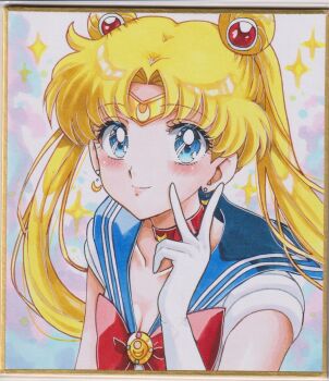 1girl bishoujo_senshi_sailor_moon blonde_hair blue_eyes blue_sailor_collar blush bow bowtie chikoto_(kztc4472) choker circlet close-up closed_mouth commentary double_bun gloves hair_bun hand_up highres long_hair looking_at_viewer magical_girl parted_bangs portrait red_bow red_bowtie sailor_collar sailor_moon sailor_senshi_uniform shirt short_sleeves smile solo traditional_media tsukino_usagi twintails upper_body v white_gloves white_shirt yellow_choker
