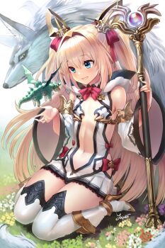 1boy blonde_hair blue_eyes bow center_opening commentary_request day detached_sleeves dragon fantasy flower gold_trim grass hair_ribbon highres long_hair male_focus navel on_ground original outdoors red_bow red_ribbon revision ribbon sitting size_difference smile solo staff thighhighs trap very_long_hair wariza white_thighhighs wide_sleeves wolf yapo_(croquis_side)