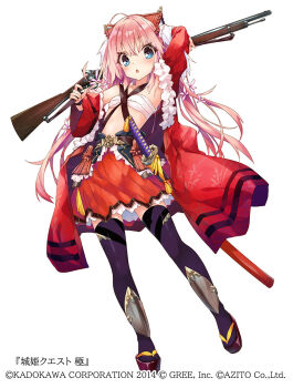 1girl ahoge arm_up blue_eyes breasts chestnut_mouth commentary_request copyright_request full_body gun hair_between_eyes hand_up highres holding holding_gun holding_weapon katana long_hair long_sleeves looking_at_viewer open_clothes parted_lips pink_hair pleated_skirt purple_thighhighs red_sandals red_skirt saeki_touma sandals sarashi sheath sheathed simple_background skirt small_breasts solo sword thighhighs very_long_hair weapon weapon_request white_background wide_sleeves zouri